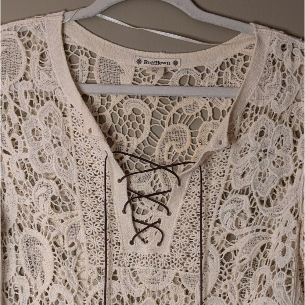 Ruff Hewn Bohemian Ivory Floral Lace Crochet Top with Cord Ties size P Medium - Picture 7 of 8